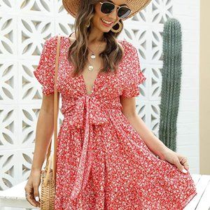 Floerns Women's Ditsy Floral Plunge Neck Knot Front A Line Short Dress